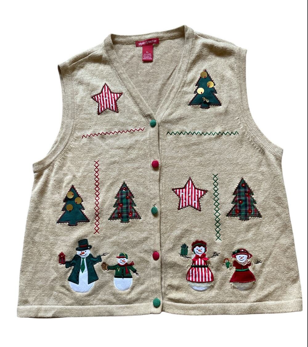Merry and Bright Christmas Sweater Vest Womens XL Unisex Holiday Snowman Tacky